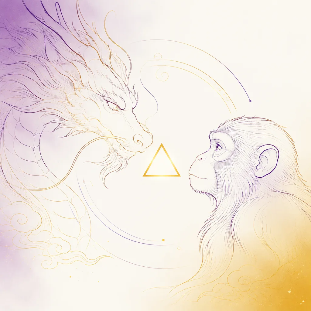 Dragon and Monkey zodiac pairing concept illustration - San He (Trine) - minimalist line art