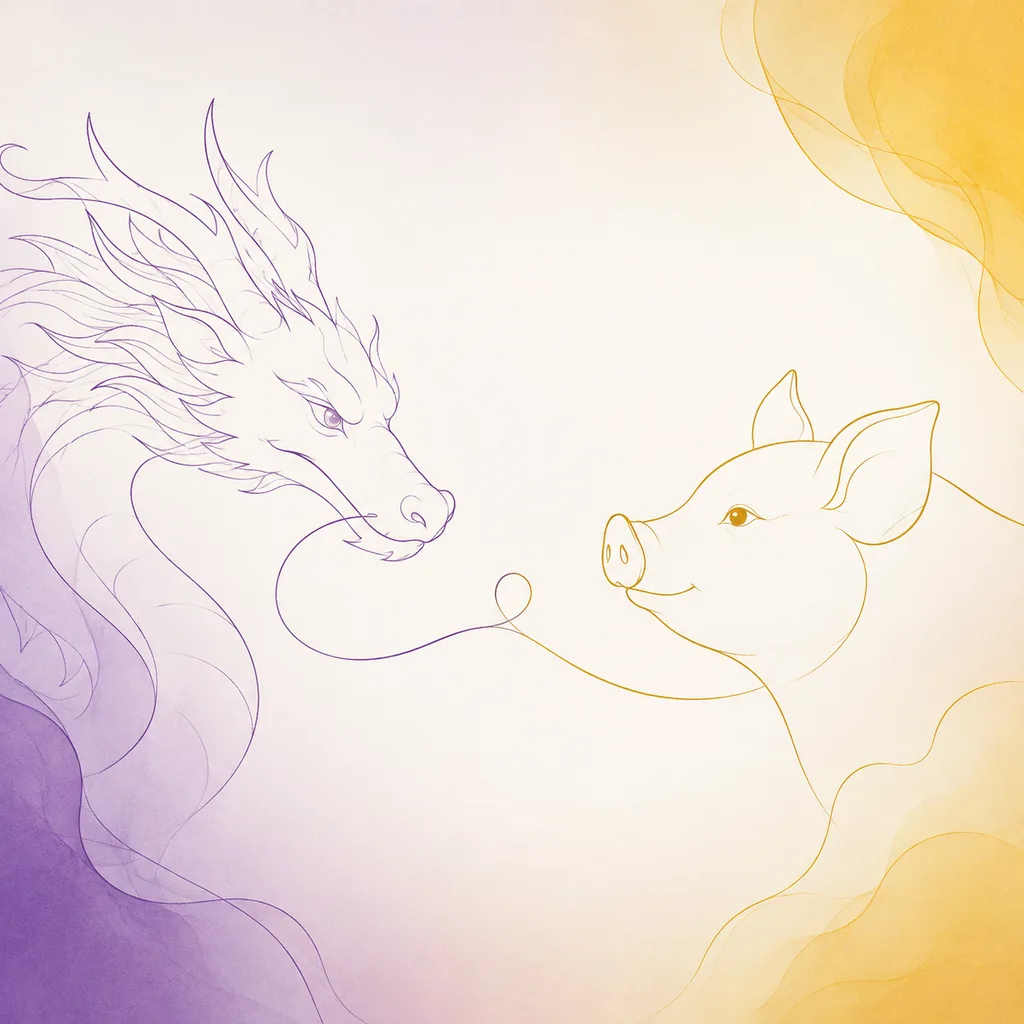 Dragon and Pig zodiac pairing concept illustration - Compatibility - minimalist line art