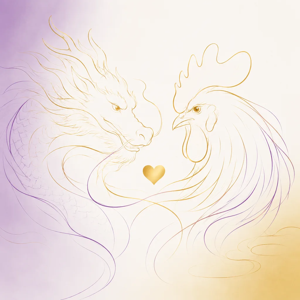 Dragon and Rooster zodiac pairing concept illustration - Liu He (Six Harmony) - minimalist line art