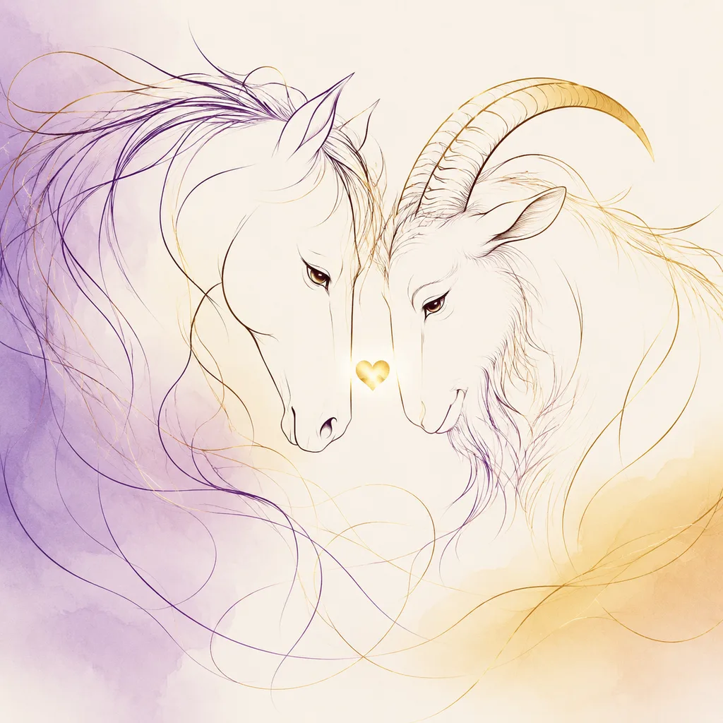 Horse and Goat zodiac pairing concept illustration - Liu He (Six Harmony) - minimalist line art