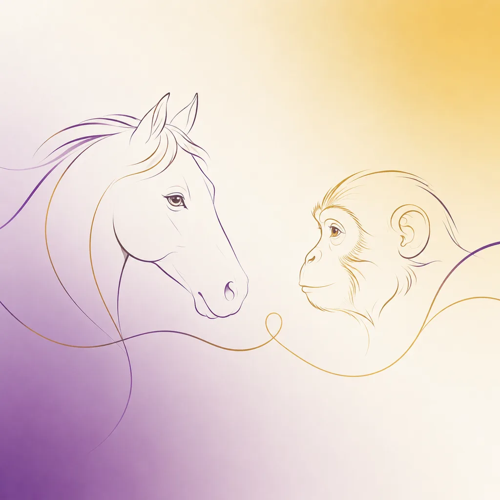 Horse and Monkey zodiac pairing concept illustration - Compatibility - minimalist line art