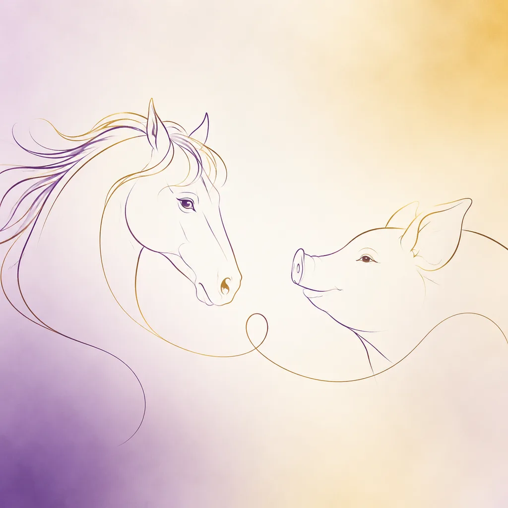 Horse and Pig zodiac pairing concept illustration - Compatibility - minimalist line art
