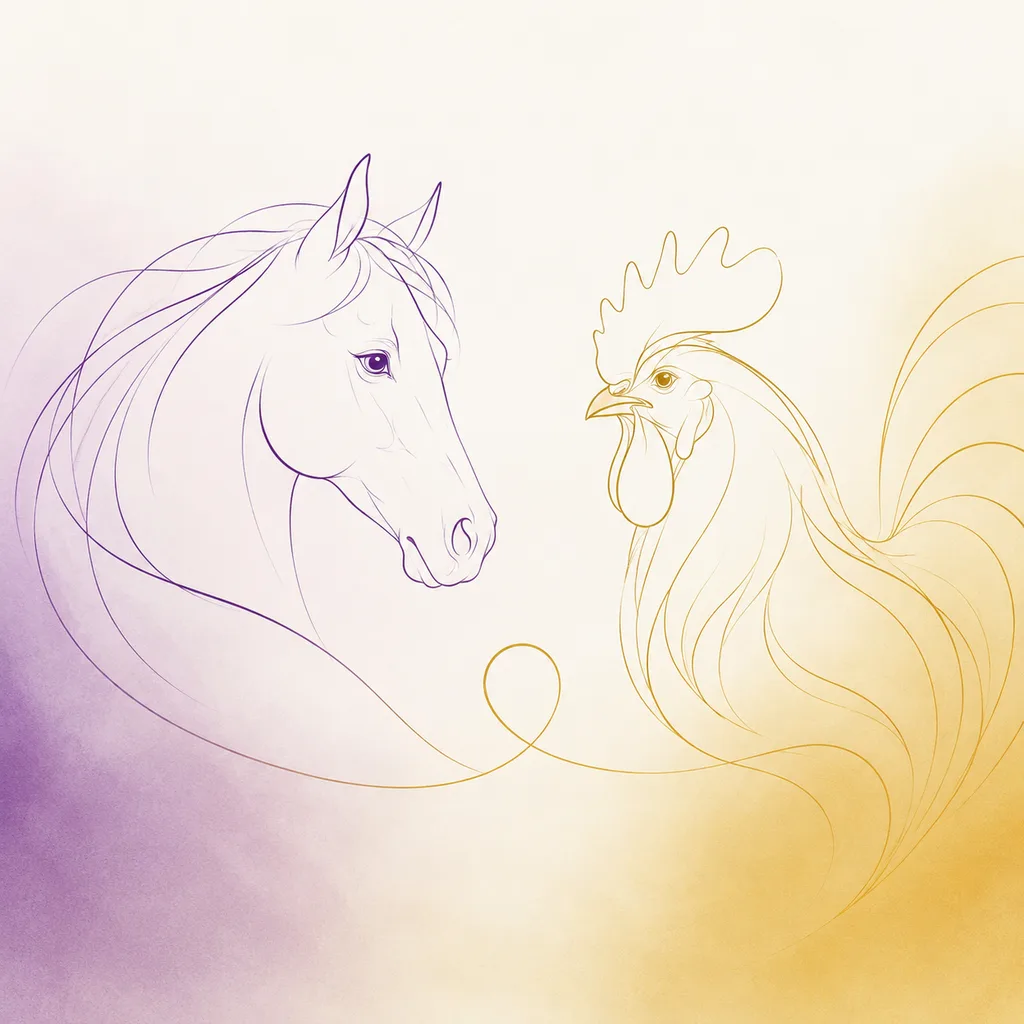 Horse and Rooster zodiac pairing concept illustration - Compatibility - minimalist line art