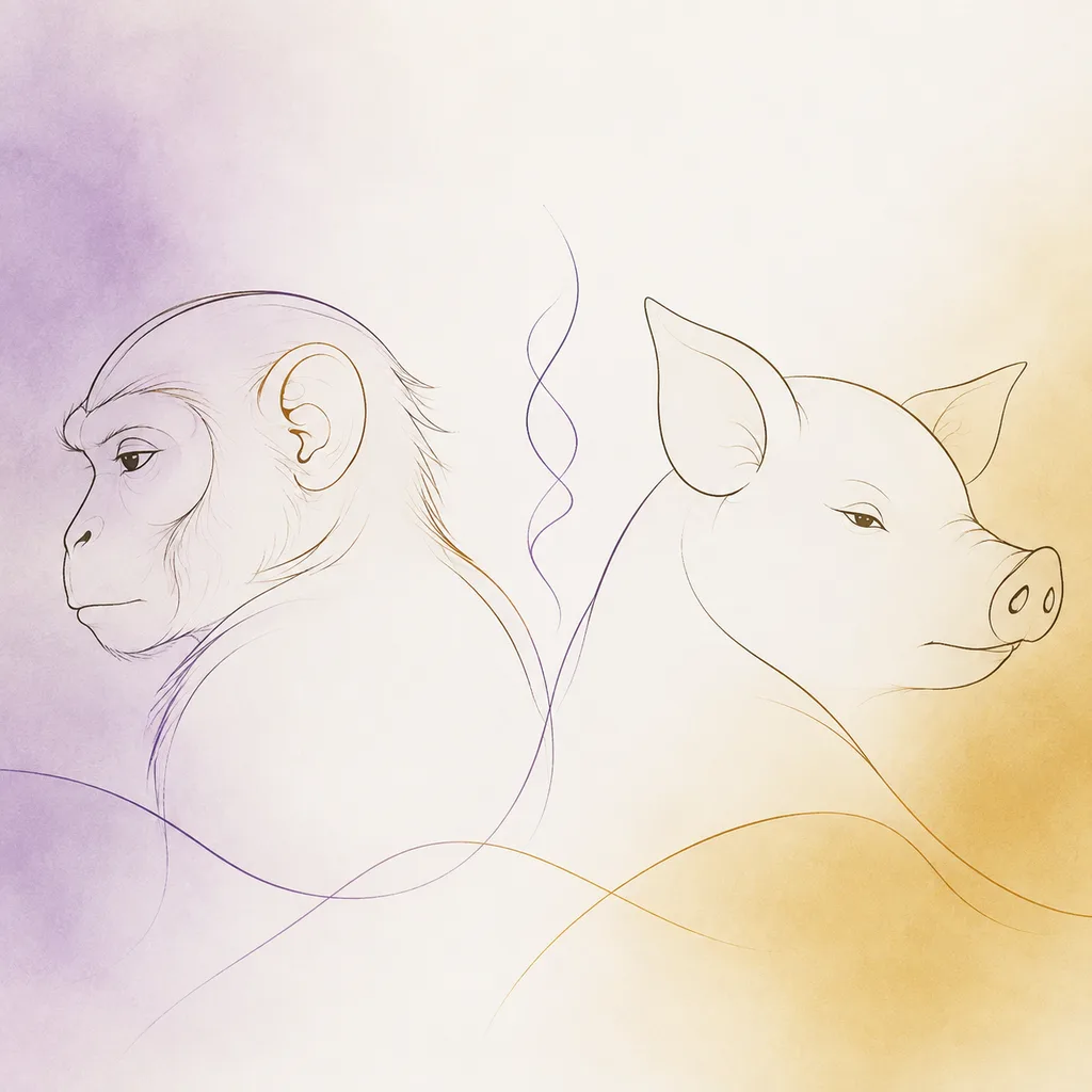 Monkey and Pig zodiac pairing concept illustration - Liu Hai (Six Harm) - minimalist line art