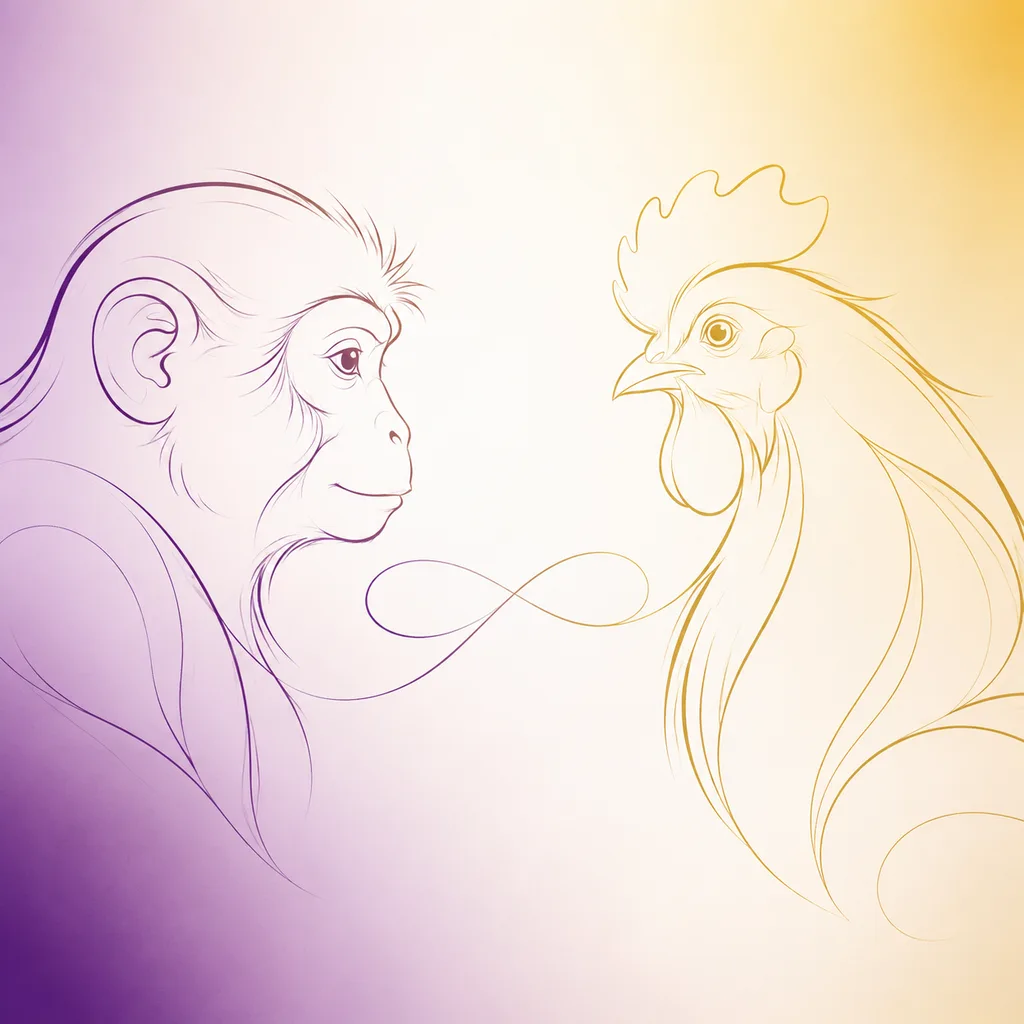 Monkey and Rooster zodiac pairing concept illustration - Compatibility - minimalist line art