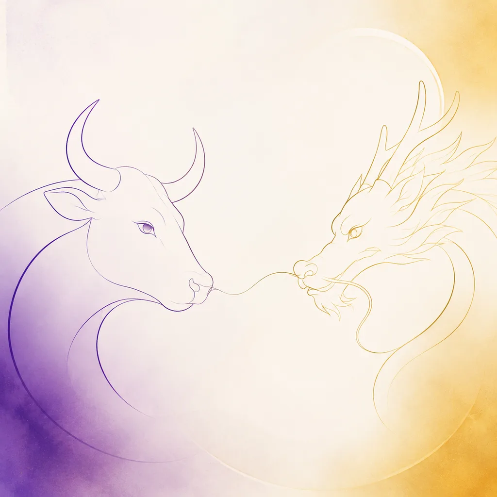 Ox and Dragon zodiac pairing concept illustration - Compatibility - minimalist line art