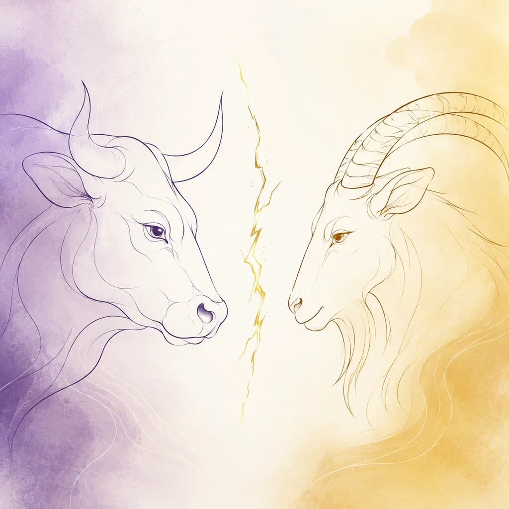 Ox and Goat zodiac pairing concept illustration - Liu Chong (Six Clash) - minimalist line art