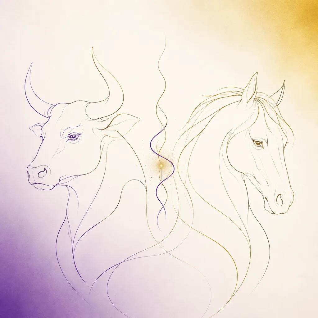 Ox and Horse zodiac pairing concept illustration - Liu Hai (Six Harm) - minimalist line art
