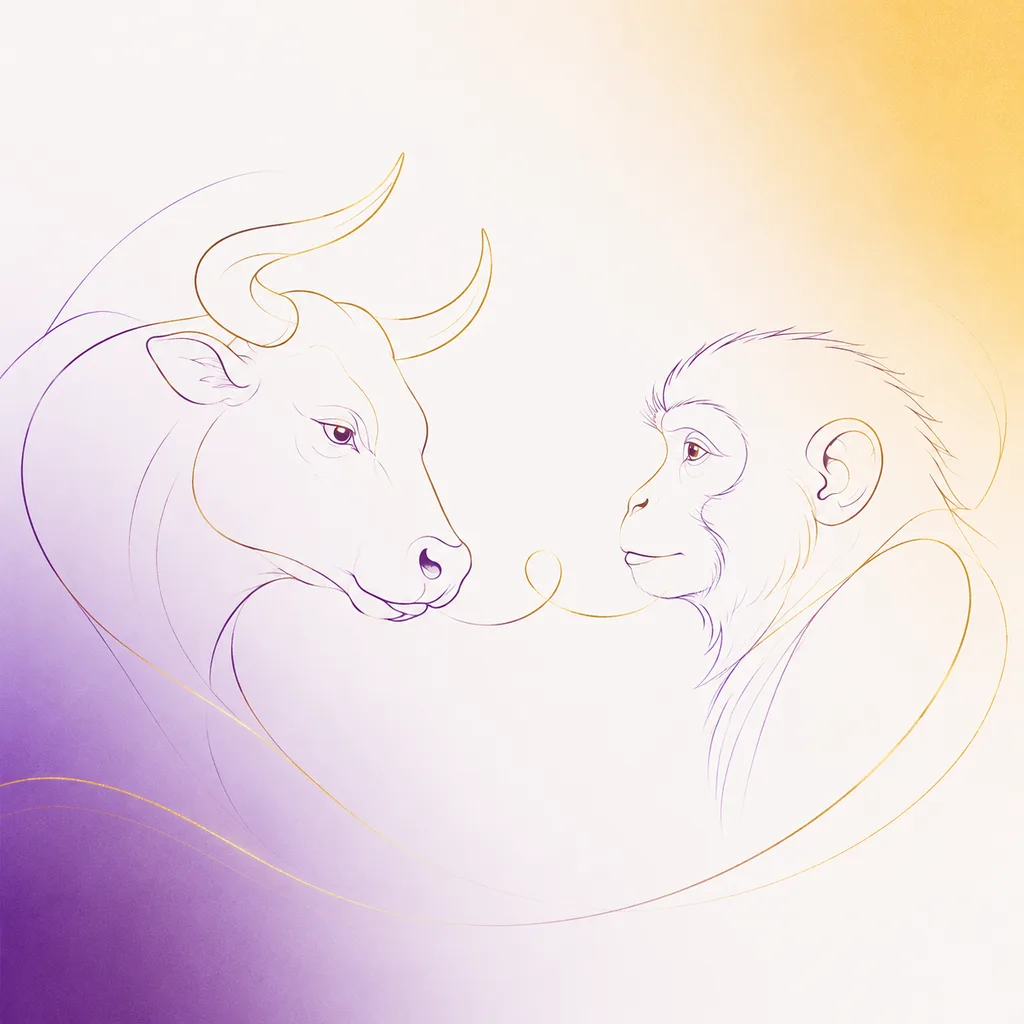 Ox and Monkey zodiac pairing concept illustration - Compatibility - minimalist line art