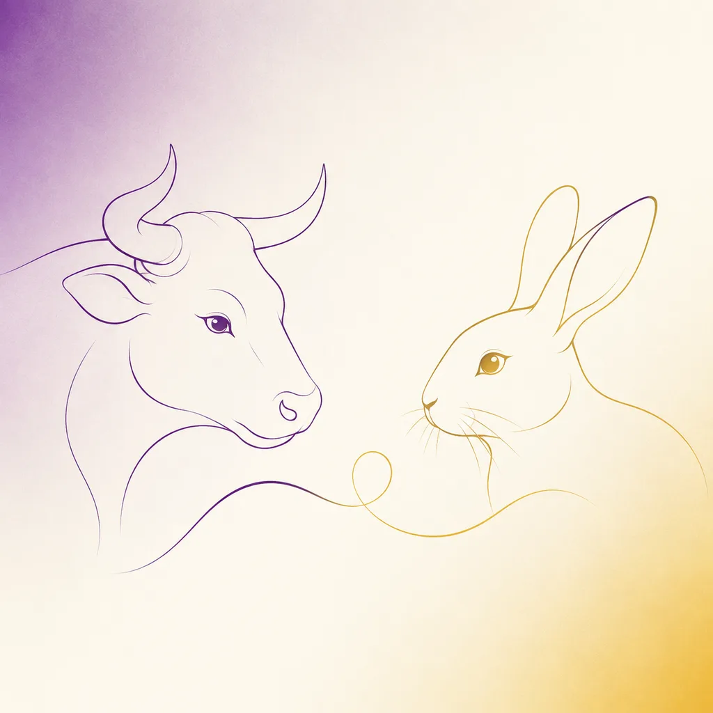 Ox and Rabbit zodiac pairing concept illustration - Compatibility - minimalist line art
