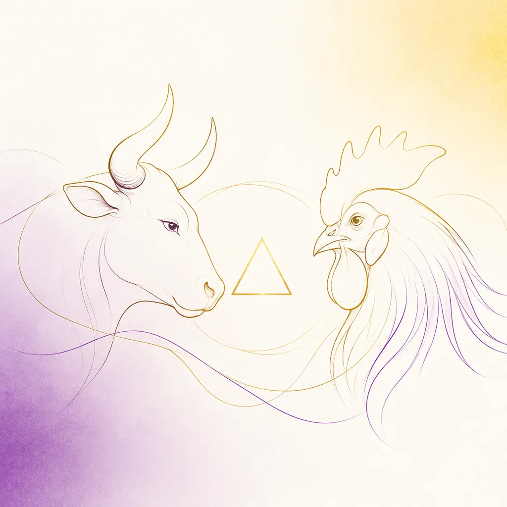Ox and Rooster zodiac pairing concept illustration - San He (Trine) - minimalist line art