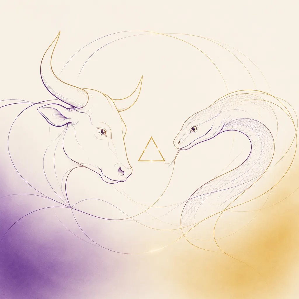 Ox and Snake zodiac pairing concept illustration - San He (Trine) - minimalist line art