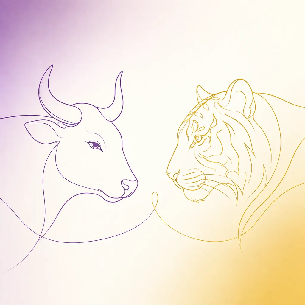 Ox and Tiger zodiac pairing concept illustration - Compatibility - minimalist line art