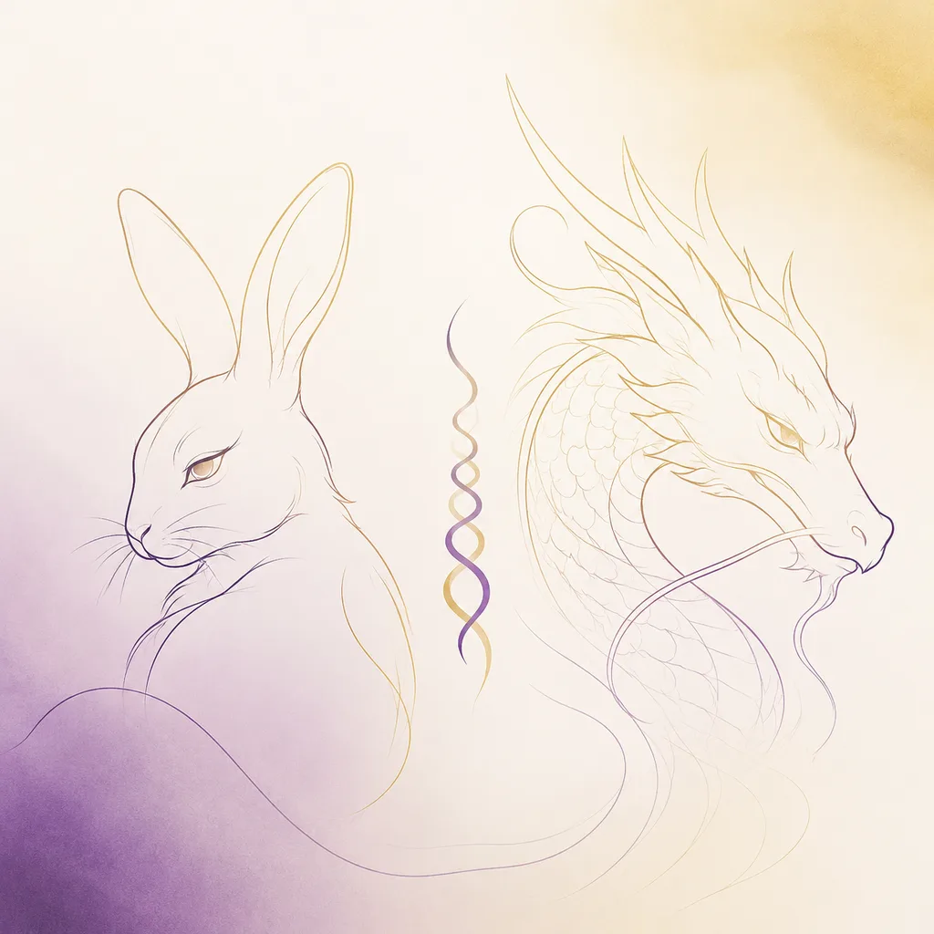 Rabbit and Dragon zodiac pairing concept illustration - Liu Hai (Six Harm) - minimalist line art