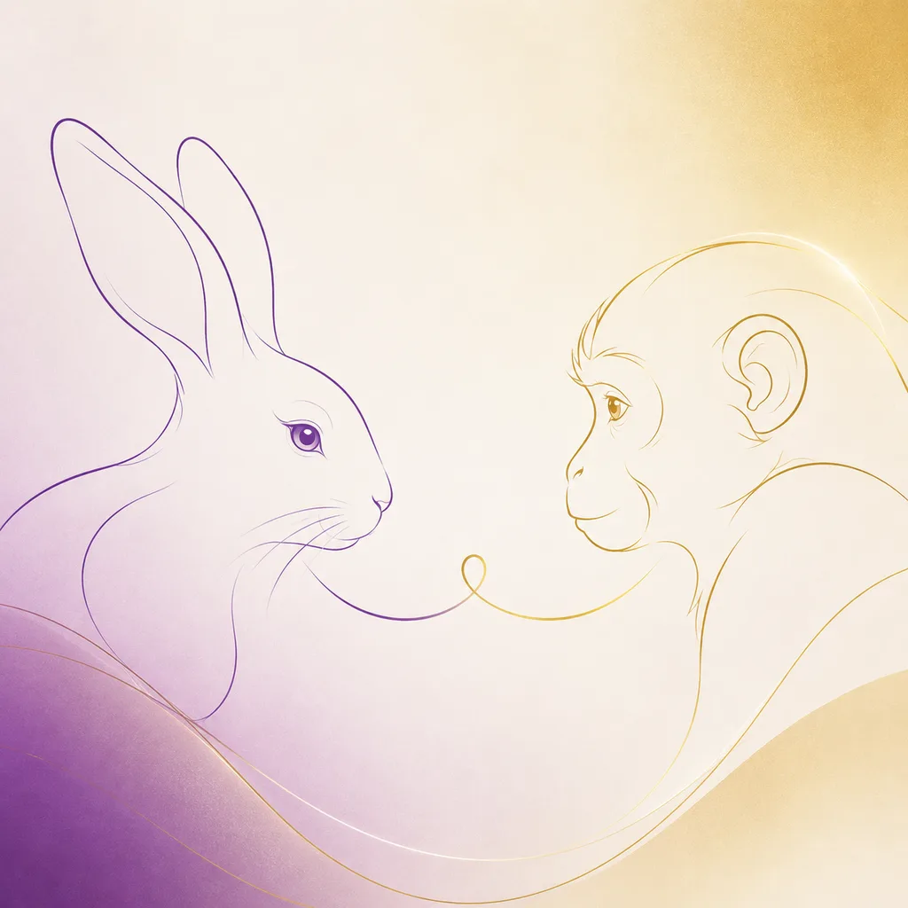 Rabbit and Monkey zodiac pairing concept illustration - Compatibility - minimalist line art