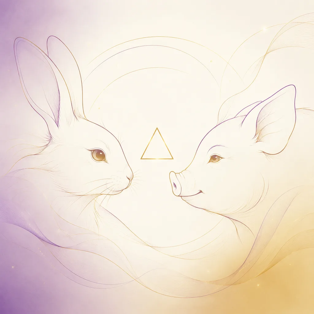 Rabbit and Pig zodiac pairing concept illustration - San He (Trine) - minimalist line art