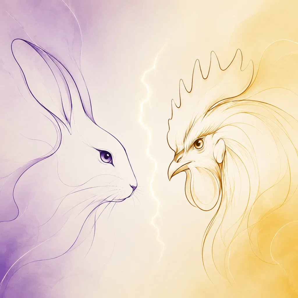 Rabbit and Rooster zodiac pairing concept illustration - Liu Chong (Six Clash) - minimalist line art