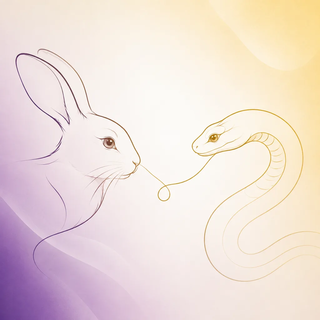 Rabbit and Snake zodiac pairing concept illustration - Compatibility - minimalist line art
