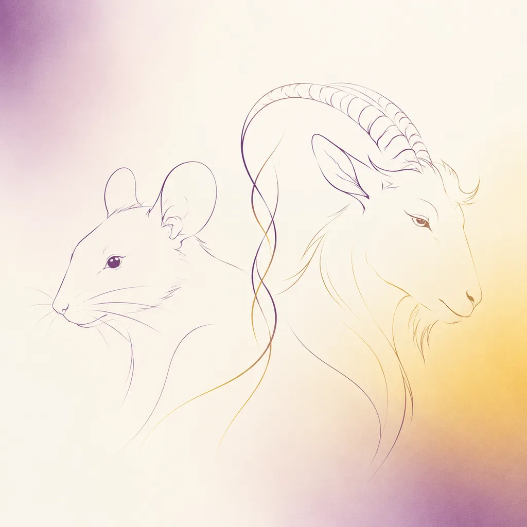 Rat and Goat zodiac pairing concept illustration - Liu Hai (Six Harm) - minimalist line art