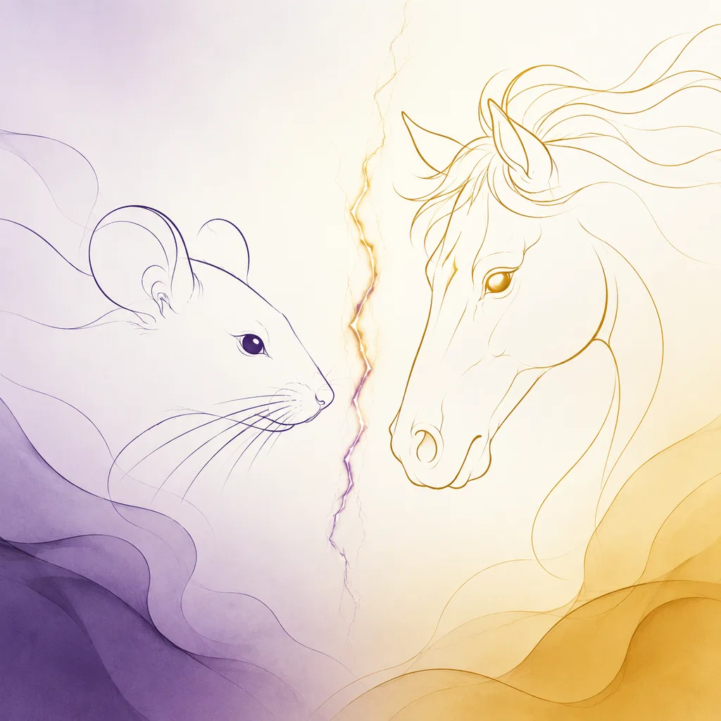 Rat and Horse zodiac pairing concept illustration - Liu Chong (Six Clash) - minimalist line art