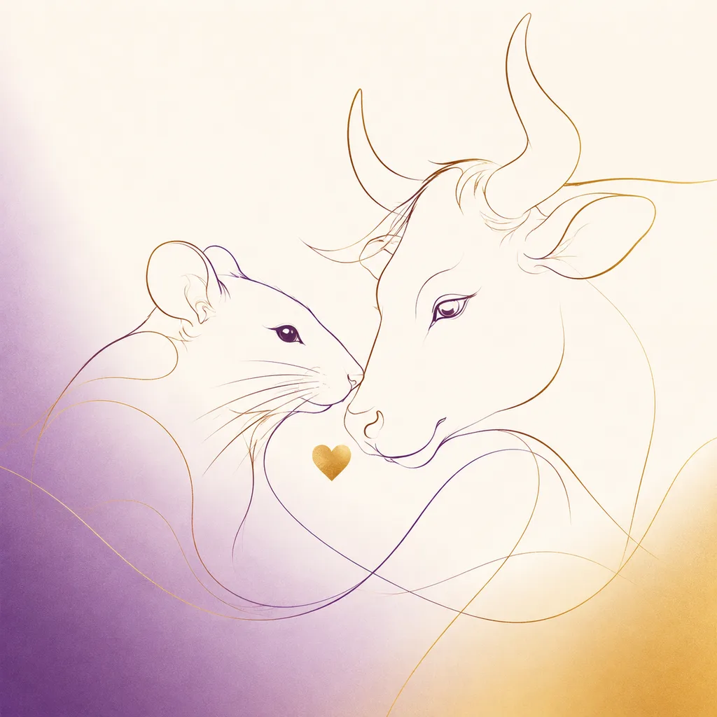 Rat and Ox zodiac pairing concept illustration - Liu He (Six Harmony) - minimalist line art