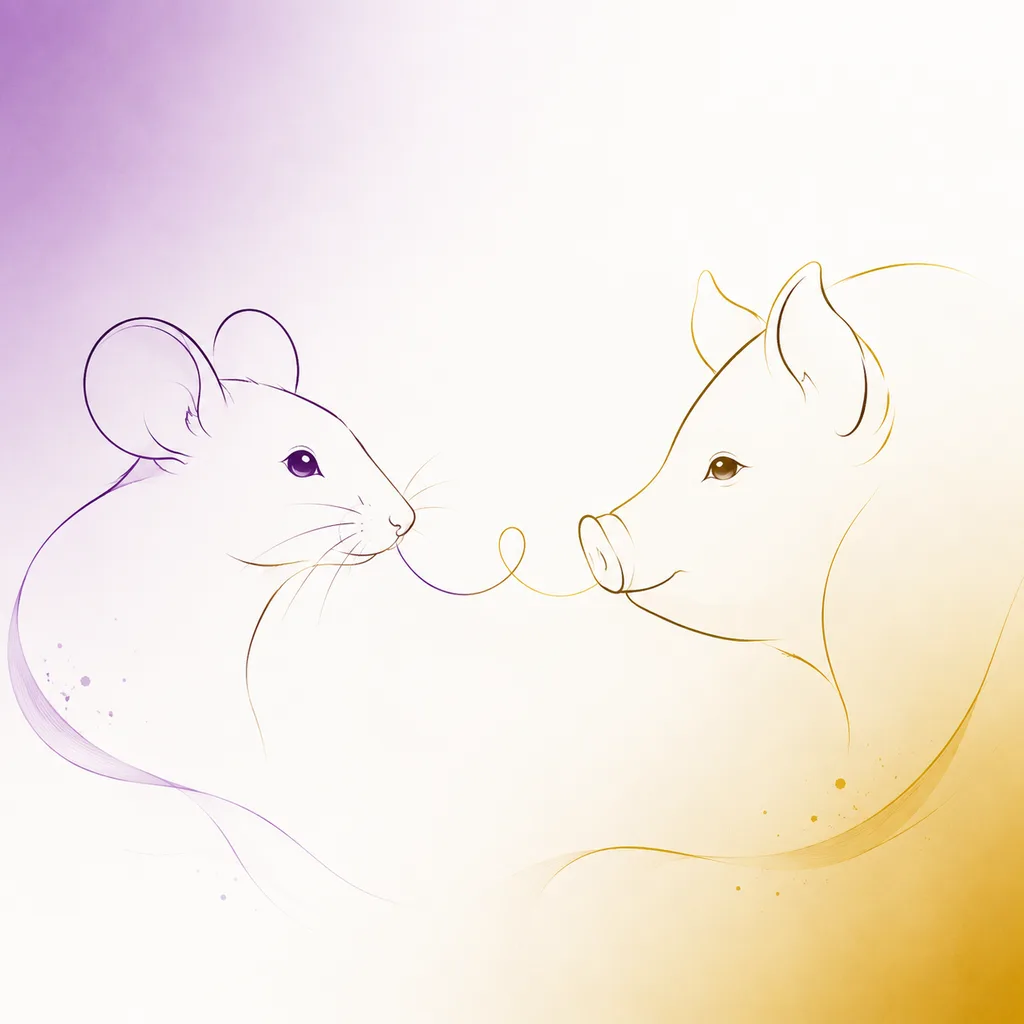 Rat and Pig zodiac pairing concept illustration - Compatibility - minimalist line art