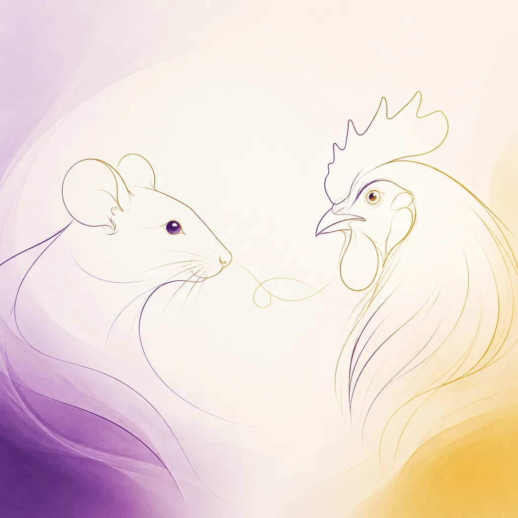 Rat and Rooster zodiac pairing concept illustration - Compatibility - minimalist line art
