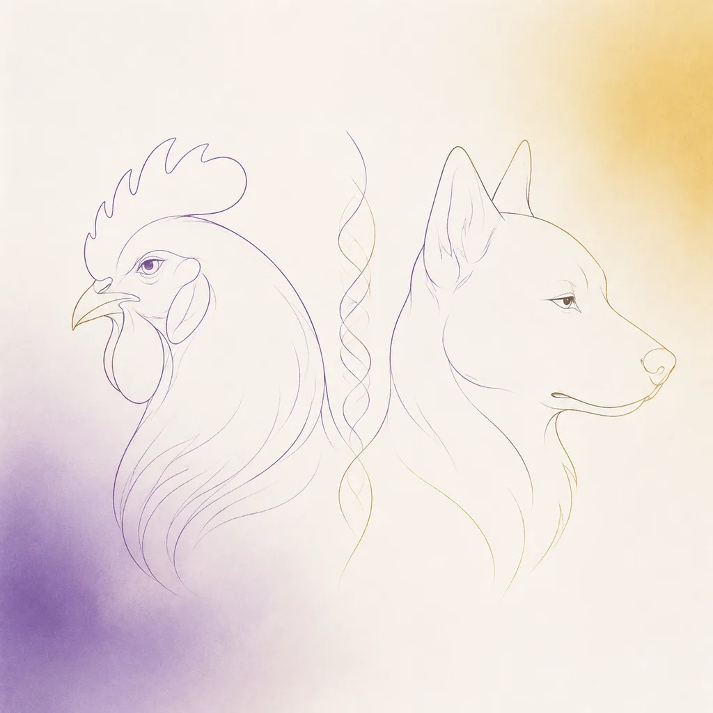 Rooster and Dog zodiac pairing concept illustration - Liu Hai (Six Harm) - minimalist line art