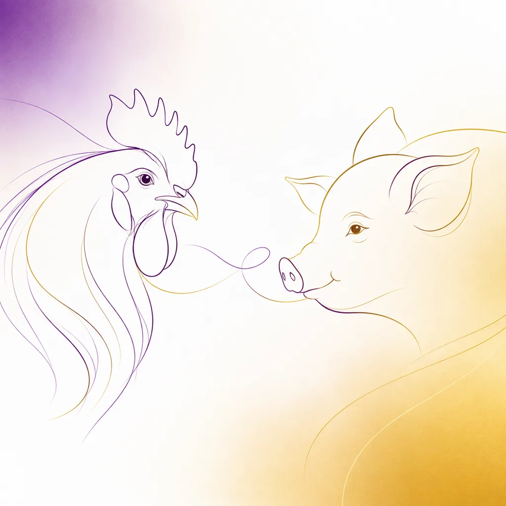 Rooster and Pig zodiac pairing concept illustration - Compatibility - minimalist line art