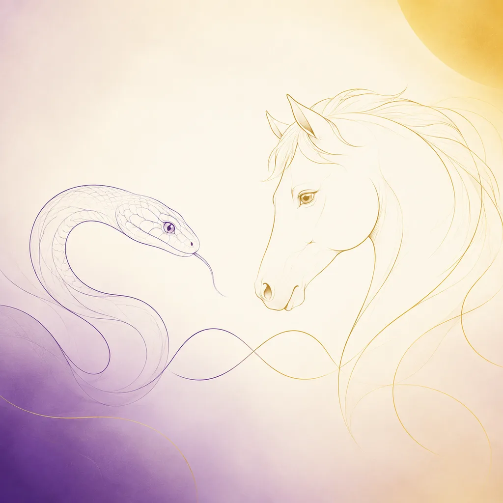 Snake and Horse zodiac pairing concept illustration - Compatibility - minimalist line art