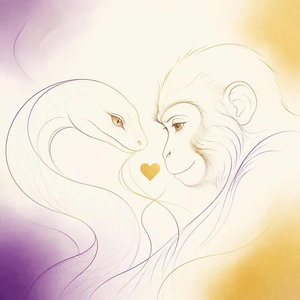Snake and Monkey zodiac pairing concept illustration - Liu He (Six Harmony) - minimalist line art
