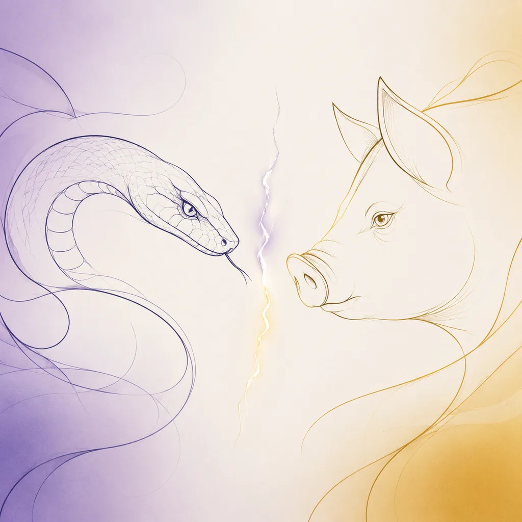 Snake and Pig zodiac pairing concept illustration - Liu Chong (Six Clash) - minimalist line art