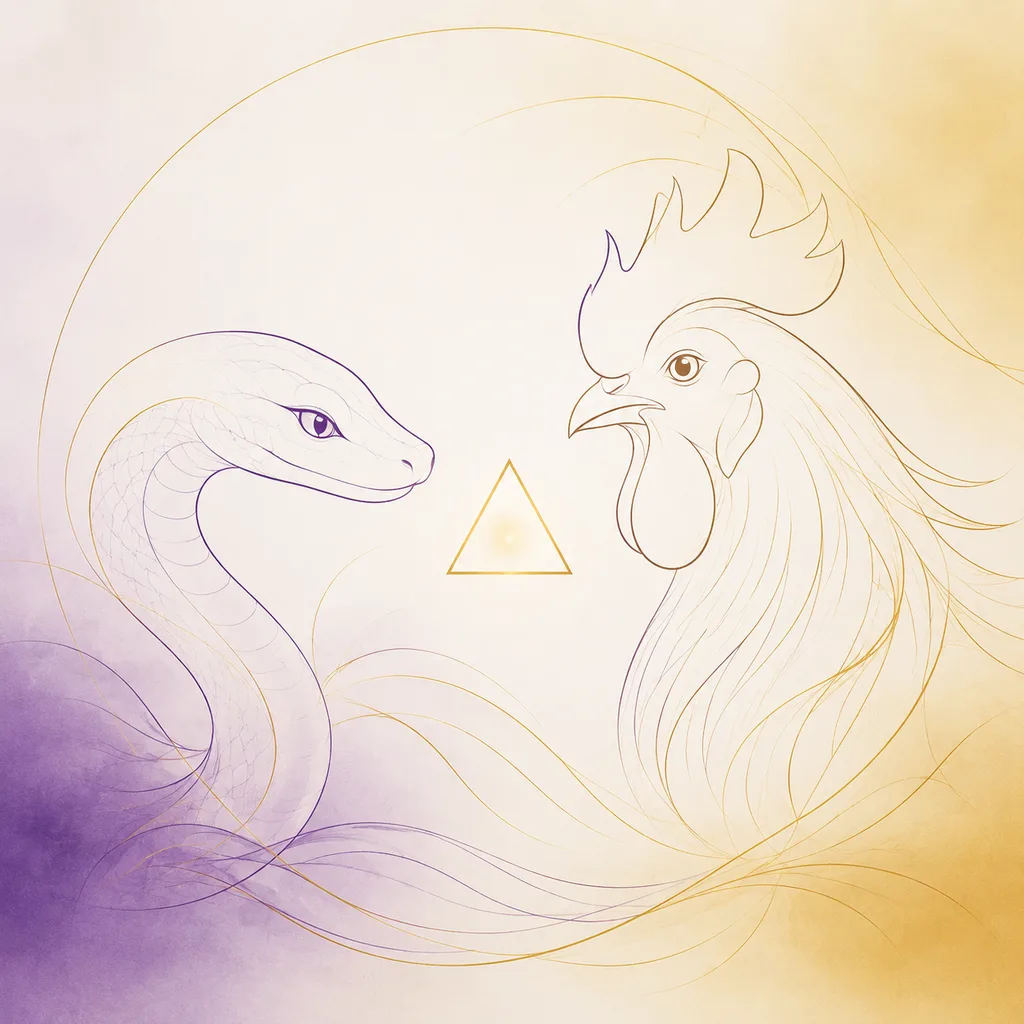 Snake and Rooster zodiac pairing concept illustration - San He (Trine) - minimalist line art