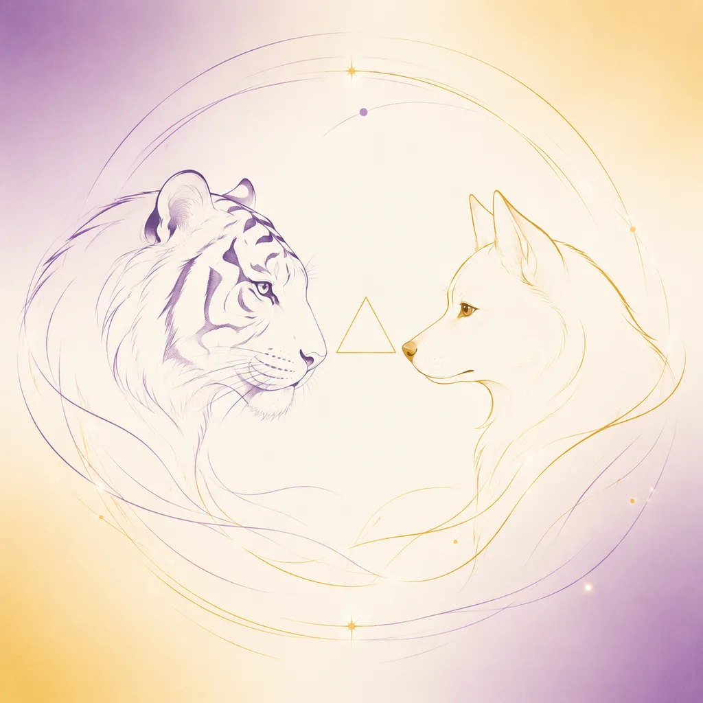 Tiger and Dog zodiac pairing concept illustration - San He (Trine) - minimalist line art