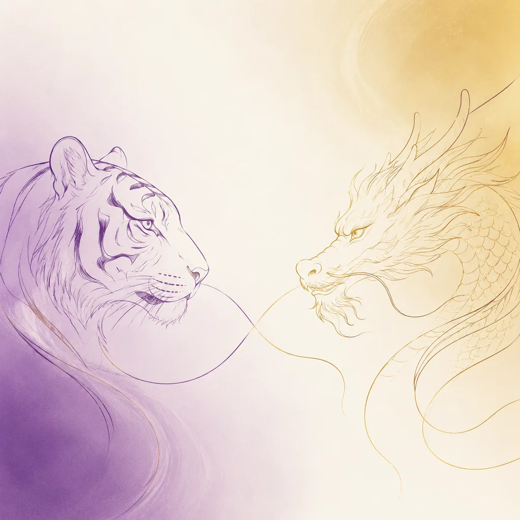 Tiger and Dragon zodiac pairing concept illustration - Compatibility - minimalist line art