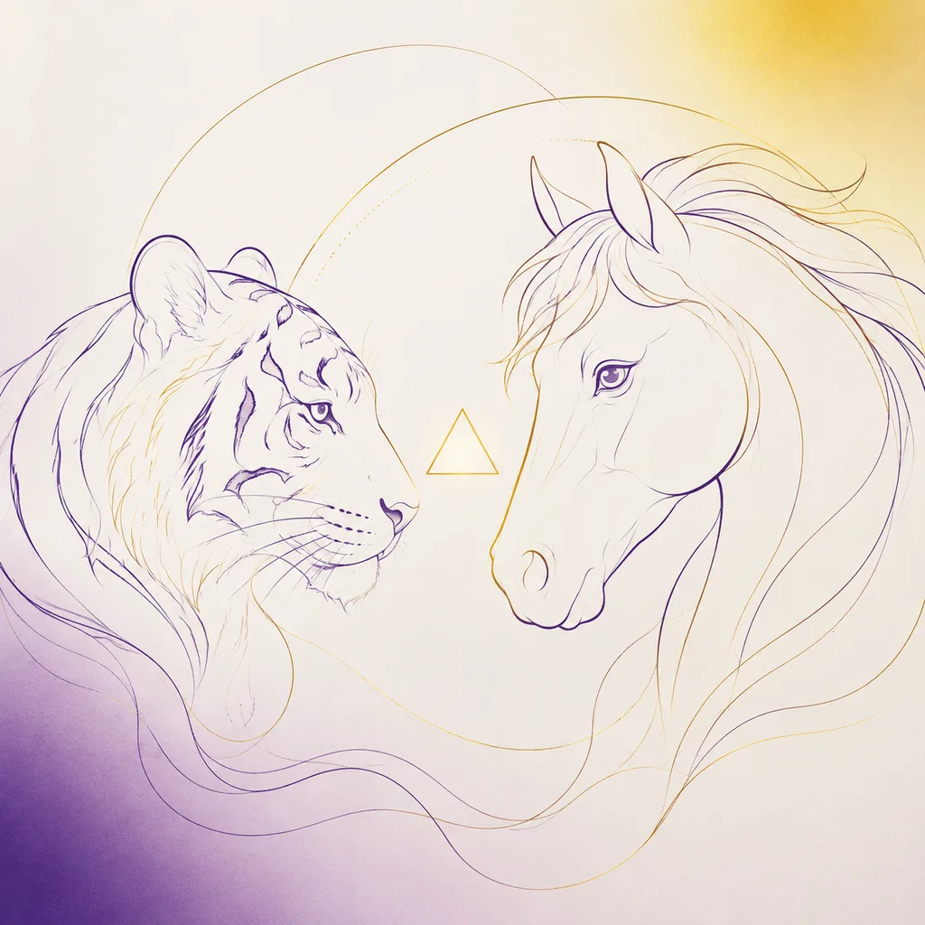 Tiger and Horse zodiac pairing concept illustration - San He (Trine) - minimalist line art