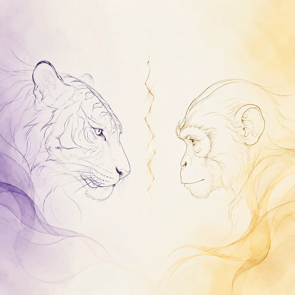 Tiger and Monkey zodiac pairing concept illustration - Liu Chong (Six Clash) - minimalist line art