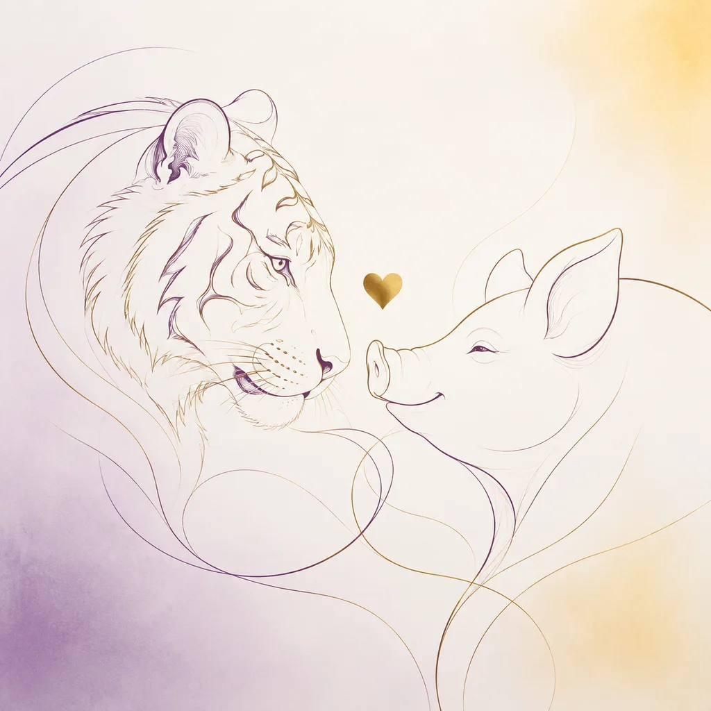 Tiger and Pig zodiac pairing concept illustration - Liu He (Six Harmony) - minimalist line art