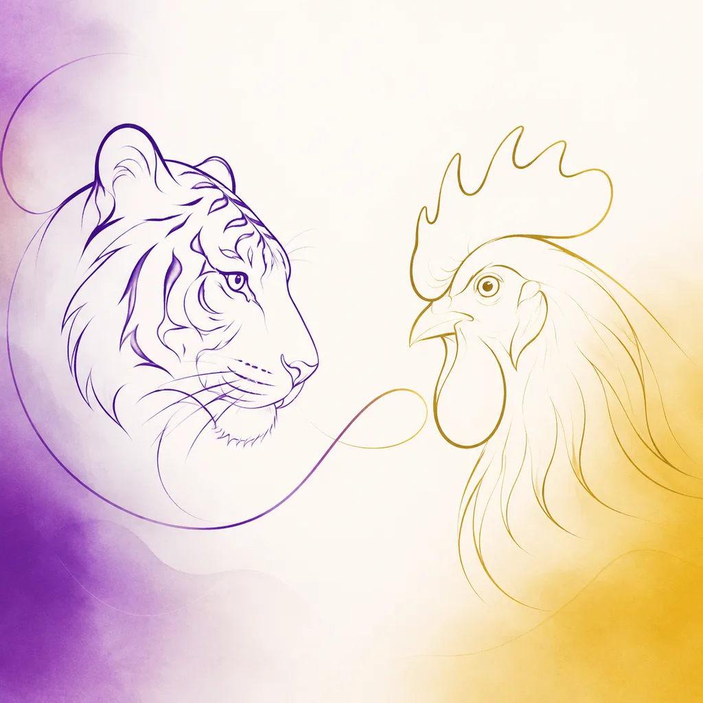 Tiger and Rooster zodiac pairing concept illustration - Compatibility - minimalist line art