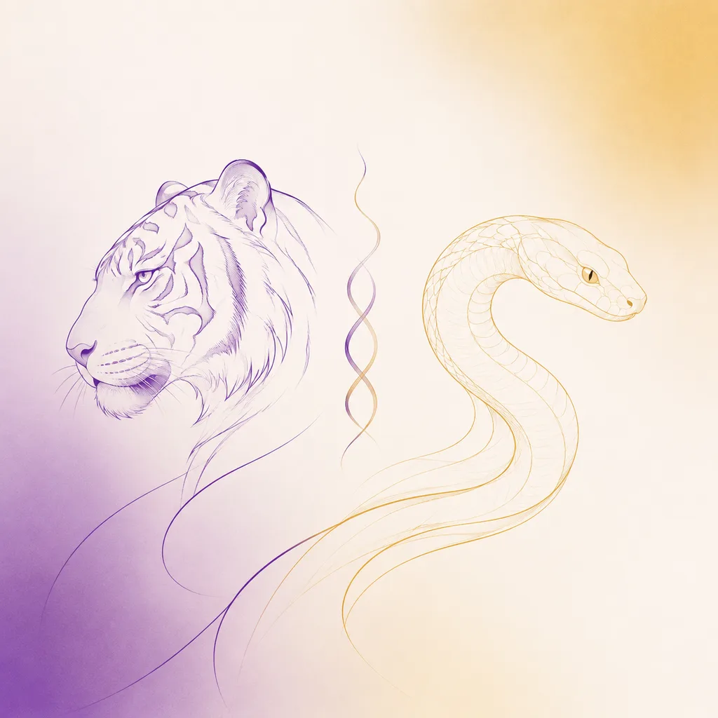 Tiger and Snake zodiac pairing concept illustration - Liu Hai (Six Harm) - minimalist line art