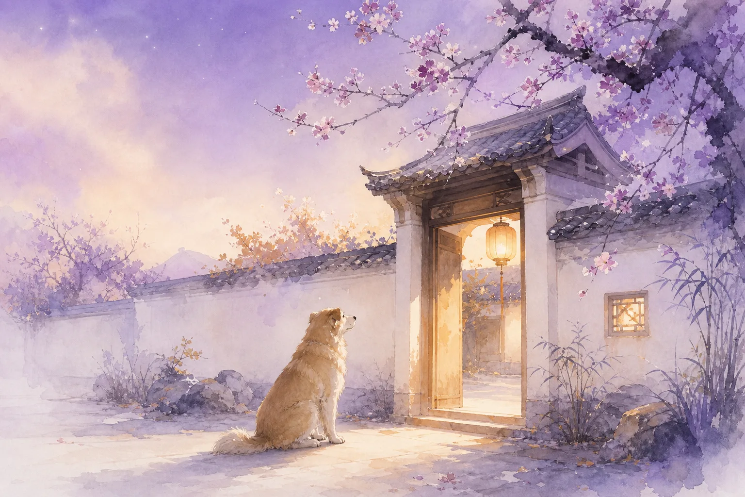 Chinese ink painting of a faithful dog at a courtyard gate, warm shuimo scene at twilight