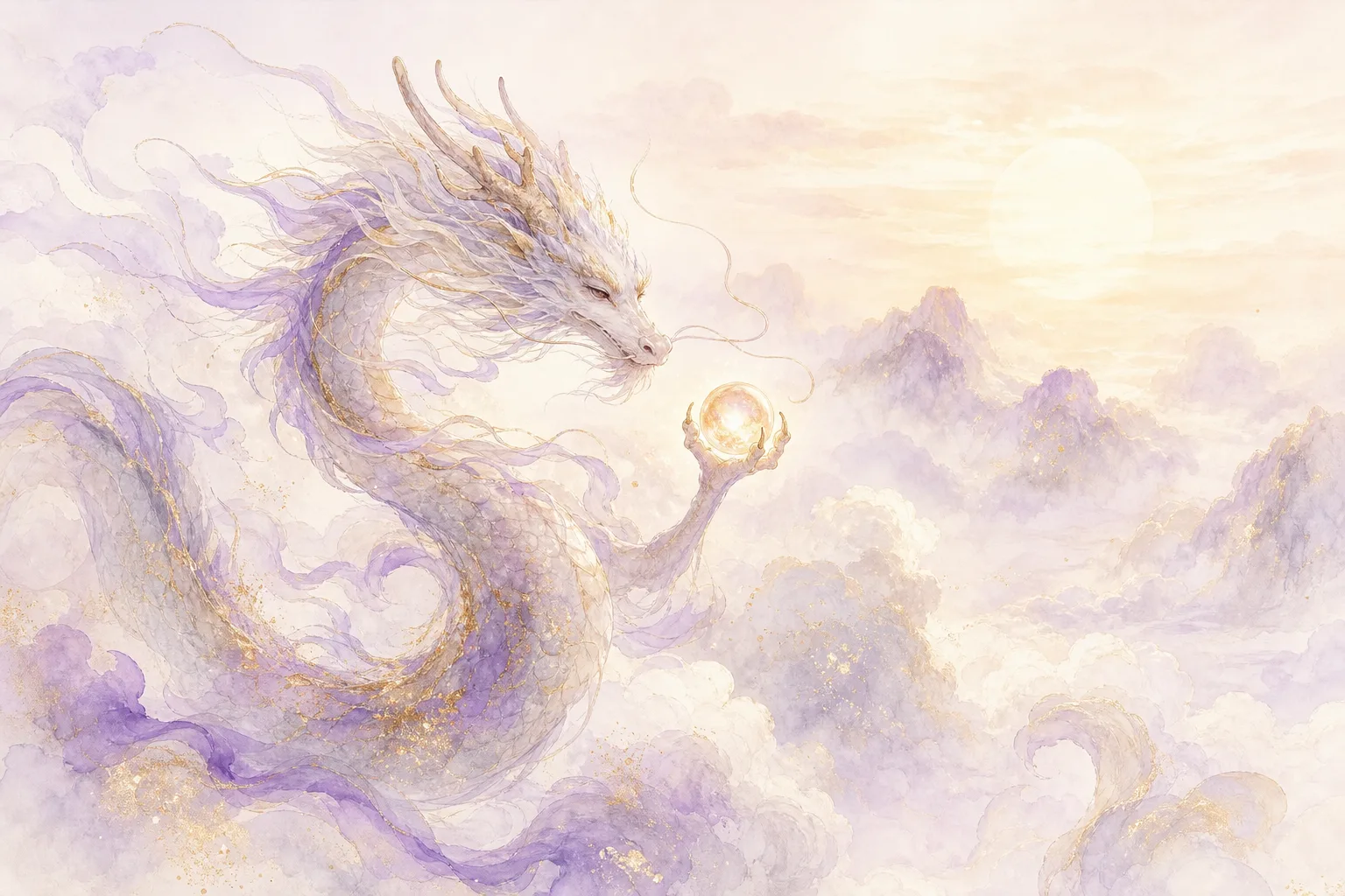 Chinese ink painting of a dragon soaring over mountains, epic shuimo landscape with golden sunrise