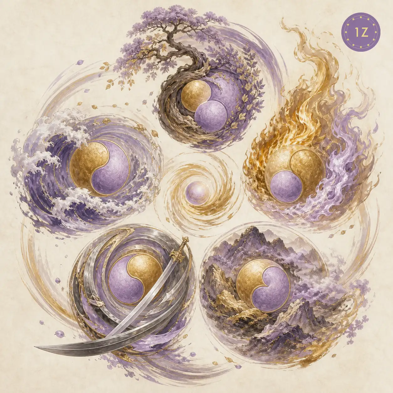 Ten Heavenly Stems visualization arranged in a circular pattern showing the five element pairs with yang and yin polarities in ink-wash purple and gold