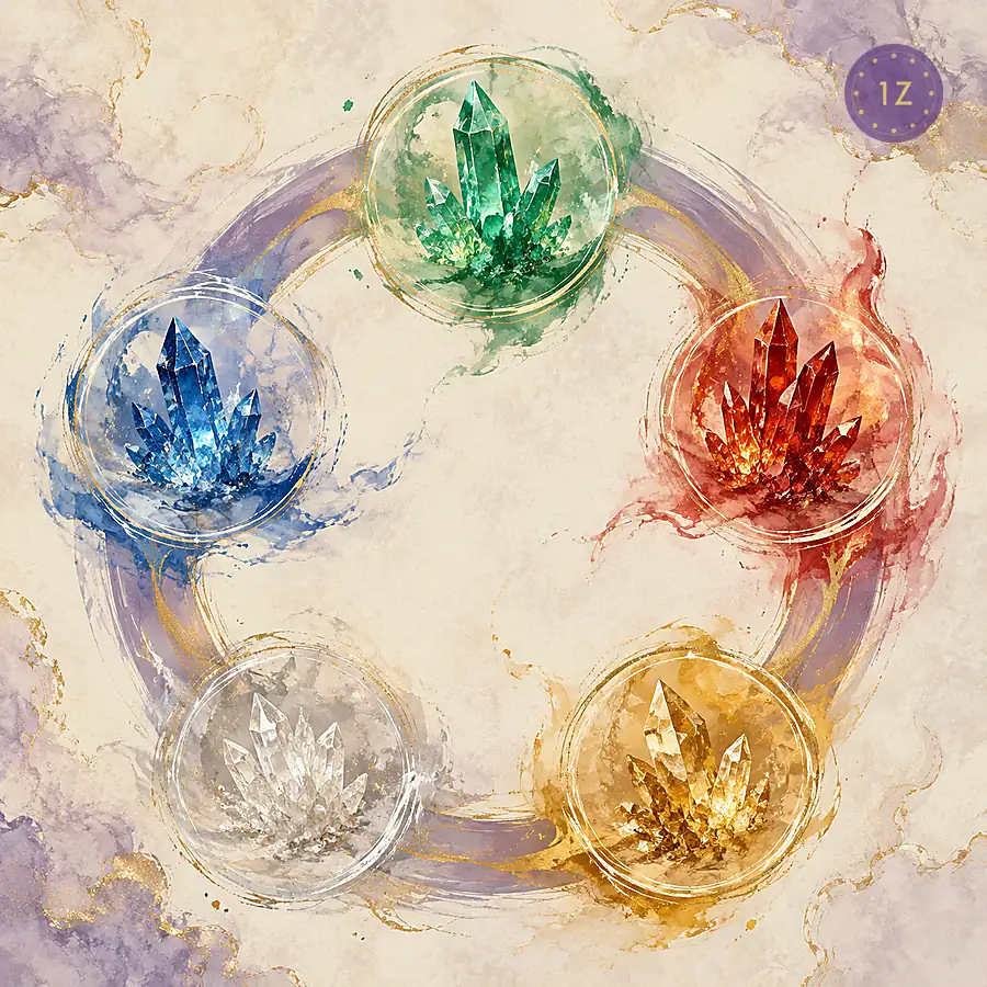 Five element color wheel showing Wood green, Fire red, Earth yellow, Metal white, and Water blue crystal color families arranged in a generation cycle