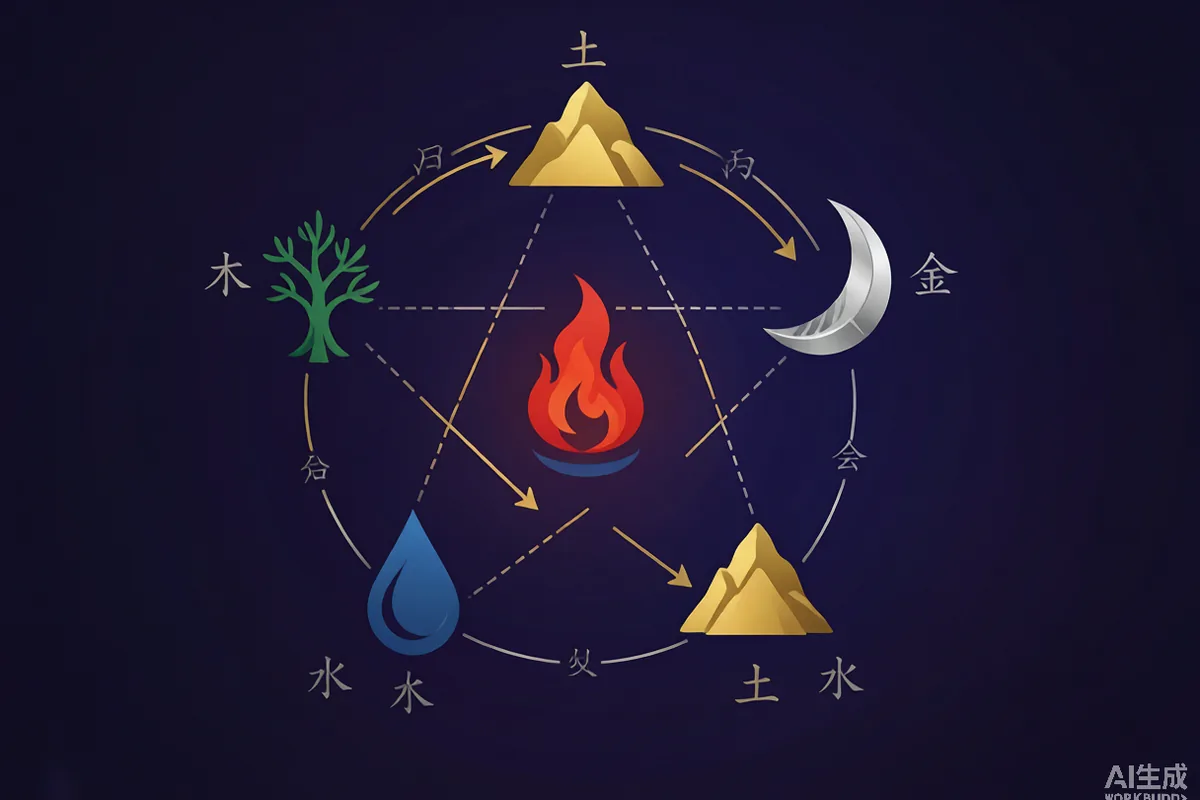Chinese Five Elements (Wu Xing) cosmology — Wood, Fire, Earth, Metal, Water in a pentagonal mandala with generating and controlling cycles