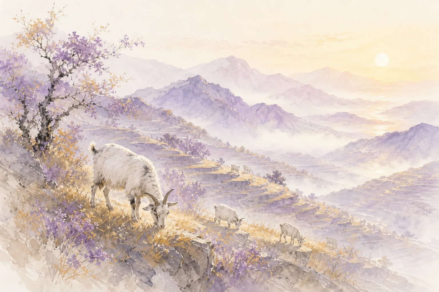 Chinese ink painting of goats on terraced mountain pastures, peaceful shuimo pastoral scene