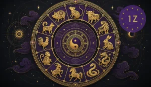 Imperial purple Chinese zodiac wheel with twelve animal symbols arranged clockwise in gold