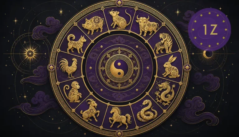 Imperial purple Chinese zodiac wheel with twelve animal symbols arranged clockwise in gold