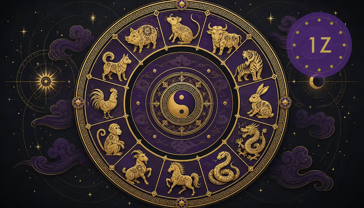 Imperial purple Chinese zodiac wheel with twelve animal symbols arranged clockwise in gold