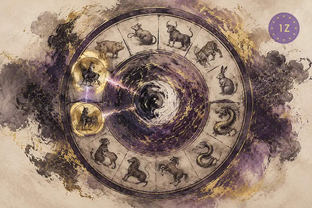 12Zodiacs compatibility wheel highlighting Rooster and Dog in Six Harm position